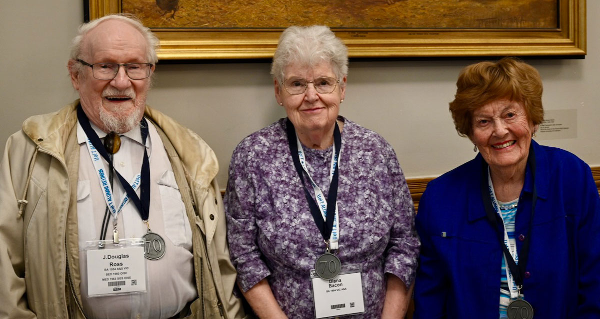 Victoria College Class of 1954 members J.Douglas Ross, Diana Bacon and Mary Eleanor Morris received 70th anniversary reunion medals at the 2024 Vic Honoured Years’ Lunch. (Photos by Minh Truong)