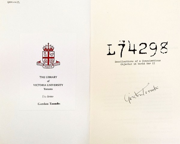 The cover page of the book Recollections of a Concientious Objector in World War II signed by Gordon Toombs.