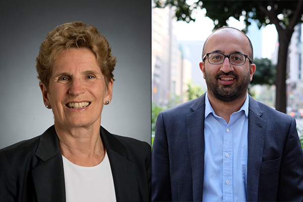 Former Ontario Premier Kathleen Wynne in a dark blazer and Sunil Johal in a blue blaze.