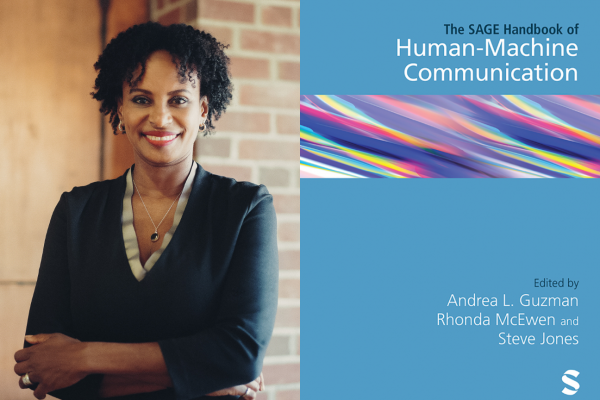  A collage featuring two images (L-R): Rhonda N. McEwen and the cover of her book, The SAGE Handbook of Human-Machine Communication.
