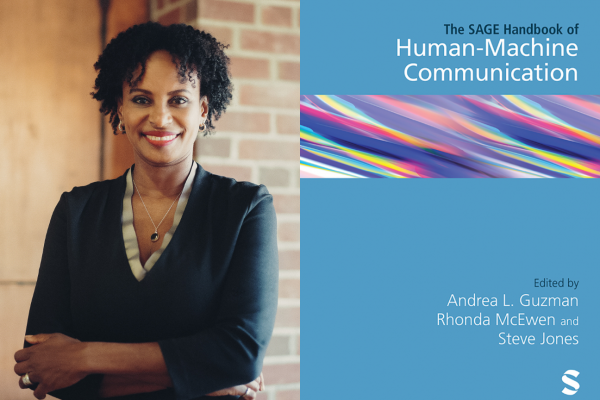 A collage featuring two images (L-R): Rhonda N. McEwen and the cover of her book, The SAGE Handbook of Human-Machine Communication.