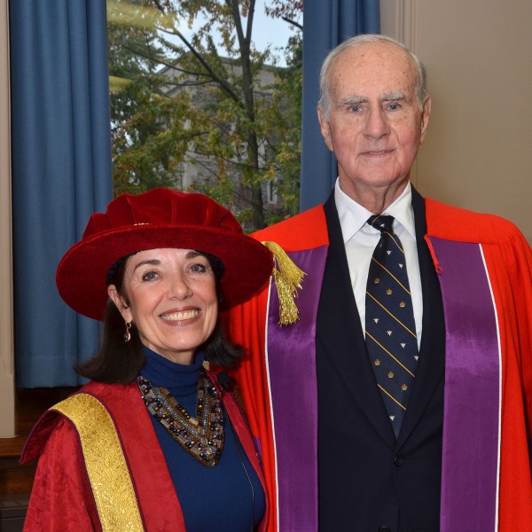 Chancellor Emerita Wendy M. Cecil (L), C.M, Vic 7T1, FRCGS, and the Honourable Henry N.R. Hal Jackman O.C., O.Ont., C.D., Vic 5T3. Hon. 1T1 on the occasion of the conferral of Jackman’s honorary degree from Victoria University in 2011.  