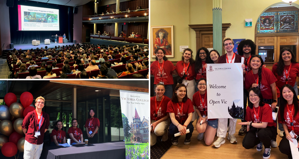 A collage of three photos from Open Vic: Top right: An audience listening at Isabel Bader Theatre; Middle right: Volunteers holding an Open Vic sign; Bottom: Volunteers at a welcome booth, all wearing Vic red shirts.